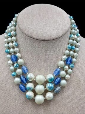 Japan Signed 3 Row Layered Blue Pearl & Glass Beaded Necklace